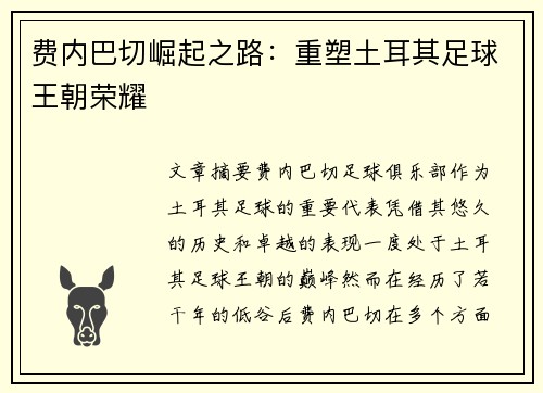 费内巴切崛起之路：重塑土耳其足球王朝荣耀