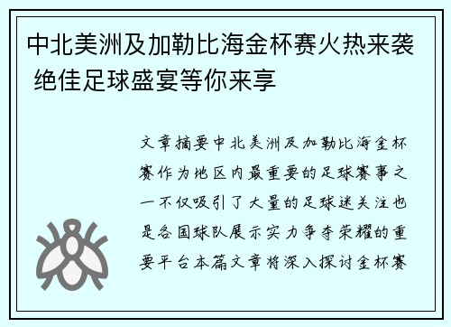 中北美洲及加勒比海金杯赛火热来袭 绝佳足球盛宴等你来享