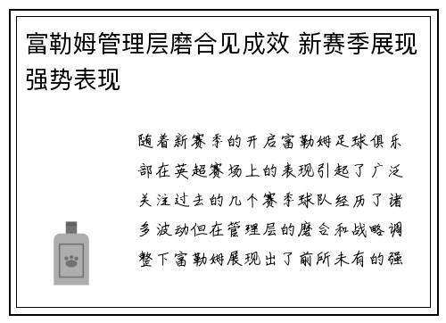 富勒姆管理层磨合见成效 新赛季展现强势表现