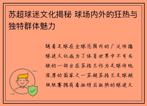 苏超球迷文化揭秘 球场内外的狂热与独特群体魅力